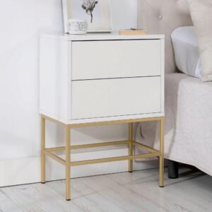 Mesa de cabeceira Push 2 gavetas Lacado Branco Base Dourada