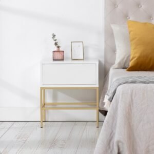 Mesa de cabeceira Push 1 gaveta Lacado branco Base Dourada