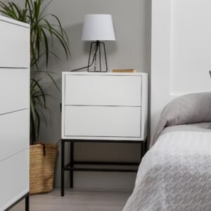 Mesa de Cabeceira Push 2 gavetas Lacado Branco Base Preta