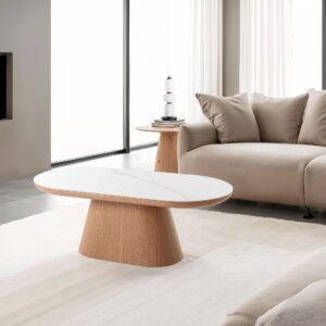 Mesa de Centro Folheado Carvalho e Porcelana Branca