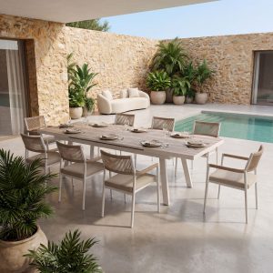 Mesa de exterior extensível, estrutura em alumínio branco e tampo em cerâmica. 202 ou 263 × 100 × 76 cm
