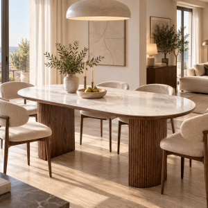 Mesa de jantar oval porcelana branca e nogueira