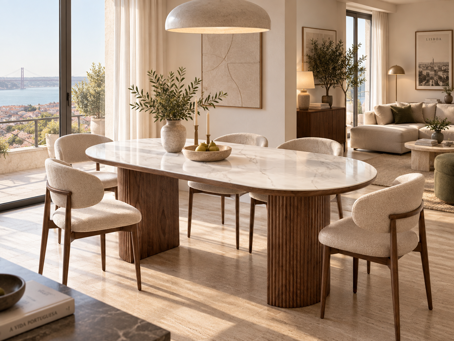 Mesa de jantar oval porcelana branca e nogueira
