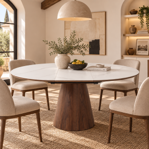 Mesa de jantar extensível porcelana branca e nogueira