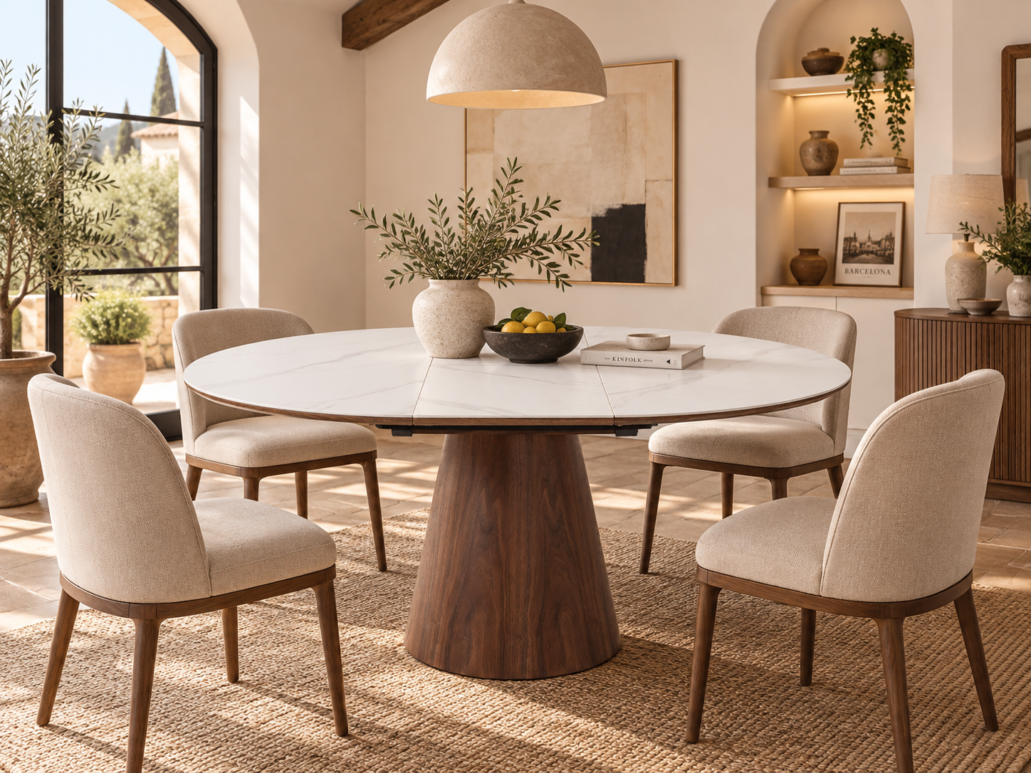 Mesa de jantar extensível porcelana branca e nogueira